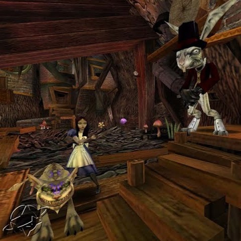 American McGee's Alice avec Alice, le chat et le lapin.